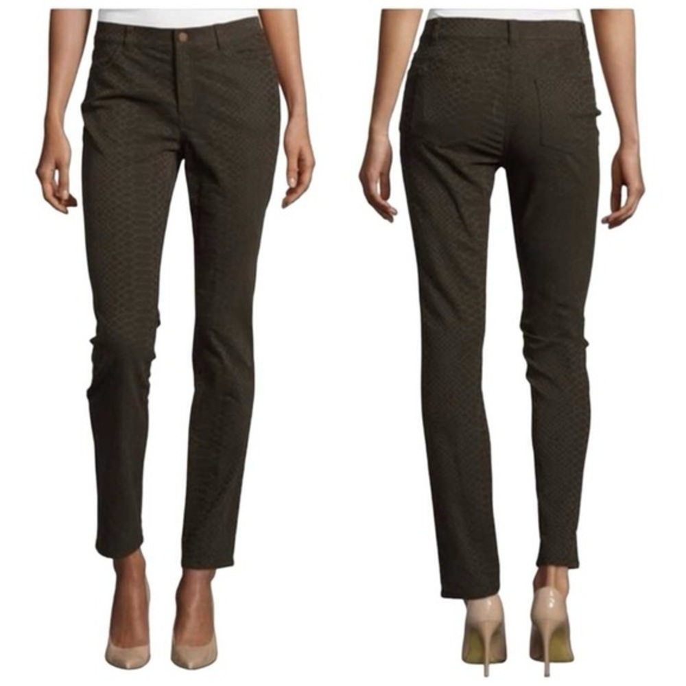 Lafayette 148 Snake Print Jacquard Slim Fit Jeans, Womens Size 10, Olive Stretch